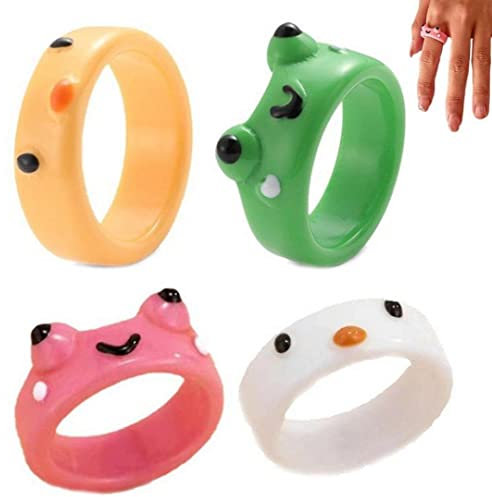 4pcs Frosch Ringe Für Frauen, Smiley Face Acrylharz Bunte Tierische Finger Ring Süßer Klobiger Plastik -Vintage Trendy Ring