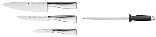 WMF Grand Gourmet Messerset 3teilig Made in Germany, 3 Messer geschmiedet, Küchenmesser & Spitzenklasse Plus Wetzstahl 36 cm, Wetzstab für Messer, Cromargan Edelstahl, Stahllänge 23 cm