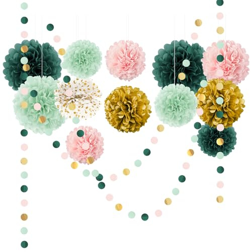 AOBKIAT Wedding Birthday Party Decorations Set,15PCS Sage Green Pink Tissue Paper Pompoms Circle Dots Paper Garland String Hanging Backdrop for Baby Shower, Boho Bridal Wedding Theme Decor