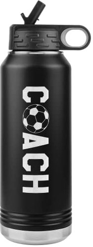 JFWcreations Soccer Coach Trinkflasche – 900 ml, isoliert, graviert, Edelstahl, mit Strohhalm, Fußballtrainer, Geschenk, Schwarz