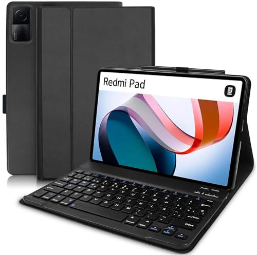 YUEJIDZ Funda Teclado Español Ñ para Xiaomi Redmi Pad, Funda Inteligente de Cuero PU Premium con Diseño QWERTY Teclado Bluetooth Desmontable Compatible con L83 Redmi Pad 10.61 Pulgadas 2022,Negro