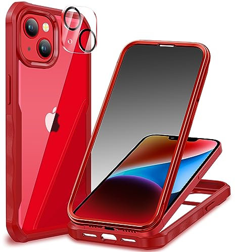CENHUFO Sichtschutz Hülle für iPhone 14/iPhone 13, 360 Grad Handyhülle Schutzhülle mit Eingebautem Privacy Panzerglas Displayschutz und Kameraschutz Stoßfest Panzerhülle Anti Spy Cover Case - Rot
