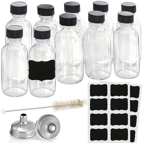 10pack 2oz Bottles With Caps,Small Clear Glass Bottles,Wellness Shot Bottles 60ml Boston Round Sample Bottles For Whiskey Bottle,Potion,Oils,Vanilla,Juice Shot Glasses,With 2 Funnels,16 Labels,1brush