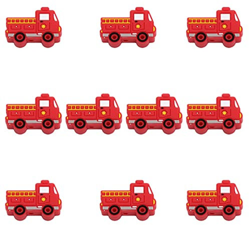 CHGCRAFT 10Pcs Feuerwehr LKW Form Silikon Perlen für DIY Halsketten Armband Schlüsselanhänger Herstellung handgefertigtes Handwerk, rot