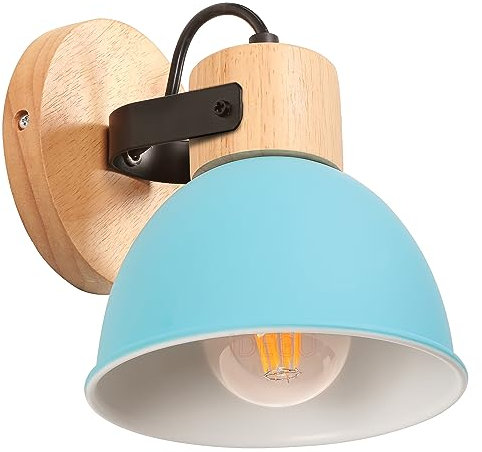 iDEGU Wandleuchte Innen Vintage Wandlampe aus Holz und Eisen Industrie Design Lampe Retro Wandstrahler Verstellbare Deckenleuchte Wandspot Wohnzimmer Schlafzimmer Küche (Blau)