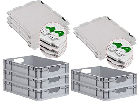 PROREGAL SuperSparSet 5x Eurobox NextGen Economy mit Scharnierdeckel & grünen Verschlüssen | Griffe offen | HxBxT 12x40x60cm | 23 Liter | Eurobehälter Transportbox Transportbehälter Stapelbehälter