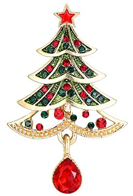 EVER FAITH Weihnachtsbaum Brosche für Damen Mädchen, Strass Art Deco Rot Emaille Stern Tränen Broschen Schmuck Geschenke für Weihnachten Bunt Gold-Ton