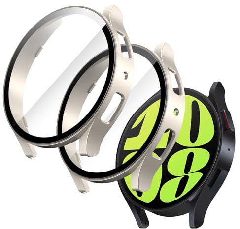 JETech Hülle mit Schutzfolie für Samsung Galaxy Watch 6 44mm, Gesamt Schutzhülle, Eingebaut Gehärteter Glas Displayschutz Hohe Empfindlichkeit, 2 Stück (Gold)