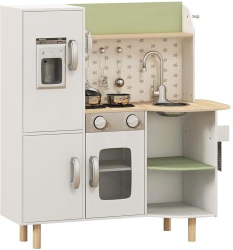 AIYAPLAY Cocina de Juguete de Madera para Niños de 3-6 Años Cocinita Infantil con Máquina de Hielo Fregadero de Acero Inoxidable Móvil Taza y Utensilios 84x34x89 cm Blanco