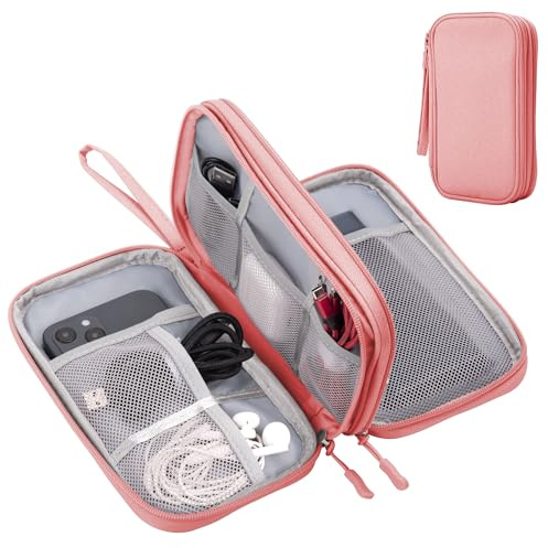 Arae Organizer Valigia per Accessori da Viaggio, Porta Cavi da Viaggio Doppio Strato con Grande Capacità per Cavi, Carte, Caricatori, Cuffie - Gadget Tech Utile per Viaggio e Zaino, M, Rosa