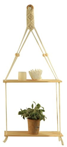 Wandregal Holz Makramee Wandbehang, Boho Deko Schweberegal Handgewebte Quaste Doppelschicht Schwimmende Regal für Wohnzimmer Schlafzimmer Balkon
