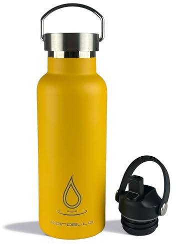 Mondello Stainless Steel Drinks Bottle (Yellow, 500ml) Ideal Travel Water Bottle Including Flex Straw Cap. Hot and Cold Drinks - BPA Free