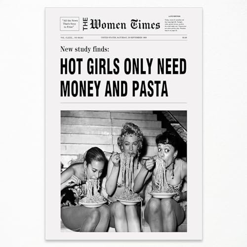 DOLJKCS Vintage-Zeitungswandkunst, trendiges schwarz-weißes Raumdekor, ästhetisches Poster, flippige Frauen, die Pasta essen, Drucke für italienische Küche, heißes Mädchen, Schlafzimmer, 40,6 x 61 cm,