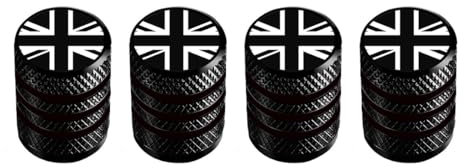 MarCraft Marcraft korrosionsbeständig (schwarz) (lasergravierte Union Jacks) Ventilkappen aus Metall für Reifen, Felgen, Legierung, Staubkappen (4er-Pack) Universal für Autos, SUVs, Fahrräder, Motorrä