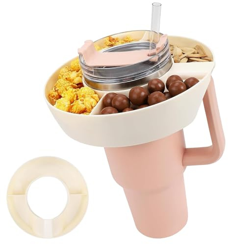 YTUGCG Snack Bowl for Stanley Cup, Snack Tray fits 40 oz Stanley Cup with Handle Reusable Accessories for Stanley Cup with 3 Compartments for Candy, Popcorn, Snack (White)