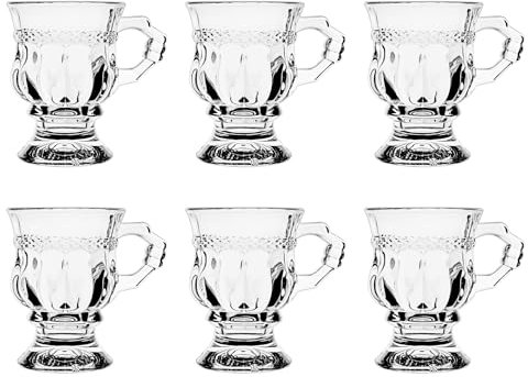 binsakao Tea Glasses Set of 6, Turkish Tea Cups with Handle, 150 ml Footed Glass Espresso Coffee Mugs for Hot Cold Beverages Drinks 5 oz