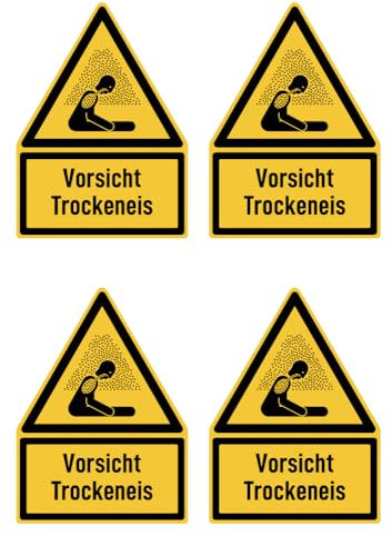 Aufkleber: 150x100 mm, 4 Stück - Vorsicht Trockeneis - Warnzeichen mit Text (deutsch) (gelb/schwarz) - Dreick - W041 - DIN EN ISO 7010 / ASR A1.3