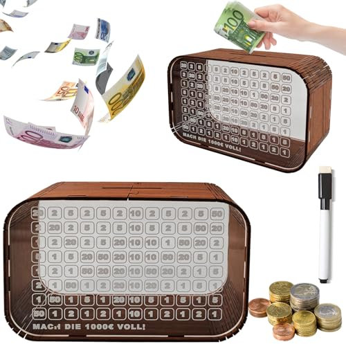 Yeelan Sparbox Holz mit Zahlen Ankreuzen, Acryl Transparente Spardose Mit löschbarem Stift, Sparschwein für Geld Sparen, Goalsaver Box mit 1000€ Sparziel, Holzspardose für Erwachsene und Kinder