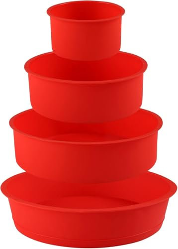ACTIUSIS Lot de 4 moules à gâteau ronds en silicone - 10 cm, 15 cm, 20 cm, 25 cm - Pour gâteaux, gâteaux au fromage - En silicone antiadhésif - Rouge