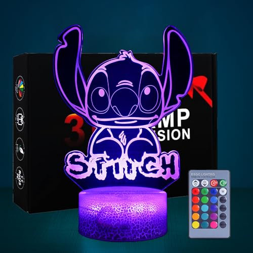 Hoofun Stitch Lampe:16 Farben Stitch Nachtlicht Anime 3D Illusion Nachttischlampe mit Fernbedienung, stitch Sachen Merch Geschenke für Kinderzimmer Dekor Mädchen Geburtstag Weihnachten