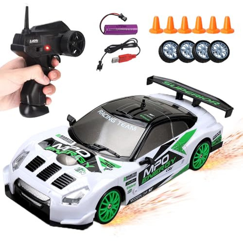 Afenau Coche RC Drift, 1:24 Coche Teledirigido Drift con Iluminación, 30 km/h, 2.4 GHz, 4WD Drift RC Car, Coche de Drift Teledirigido para Niños y Adultos a Partir de 6 Años (Blanco)