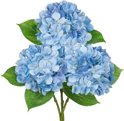 Oairse 3Pcs Hydrangea Artificial Flowers 19.7 Real Touch Faux Hydrangea Stems Silk Flowers with Stems Fake Blue Flowers Bouquet for Floral Arrangements Table Centerpieces Wedding Home Decor