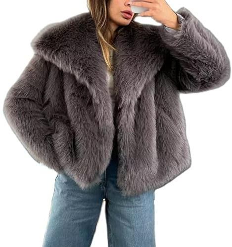Veste courte en fausse fourrure à manches longues pour femme - Manteau d'hiver chaud à poils longs avec poches