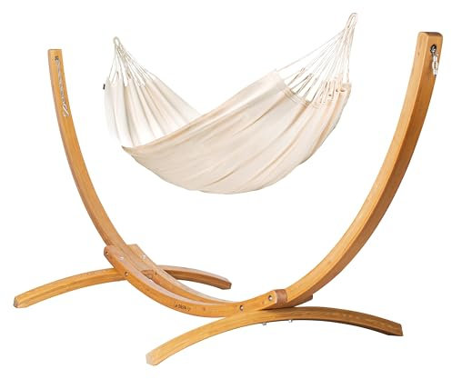 LA SIESTA® Modesta Bio-Baumwoll Hängematte & Holzgestell, Outdoor Indoor Hängematte mit Gestell aus Holz, Hängemattengestell für Balkon Garten - Doppel Hängematte mit Gestell für 2 Personen - Latte