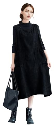 Runstarshow Corduroy Dress for Women Ladies Pinafore Dresses Oversized Sleeveless Cord Dress with Pockets Loose Fitting Cute Fall Winter Spring Clothing Plus Size M-XXL