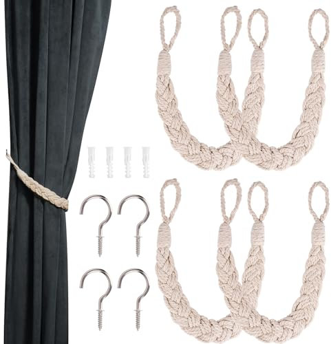 4 Stück Vorhang Raffhalter,61cm Gardinen Halterung,Handgestrickte Gardinen Raffhalter,Baumwolle Gardinenhalter Raffhalter,Vorhang Halter,Vorhang Band für Office, Wohnzimmer, Schlafzimmer (Beige)
