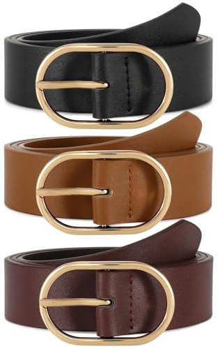 WERFORU Lot de 3 Ceintures en Cuir pour Femmes Ceinture Femme à la Mode avec Boucle Dorée pour Jeans, Pantalons et Robe,Noir/Marron/Café