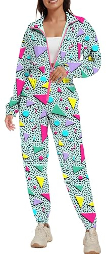 UOUA 80er-Jahre-Outfit für Frauen 94er-Jahre-Kostüm Jumpsuits Langarm Windbreaker Einteiliger Party-Trainingsanzug Weiß Druck L