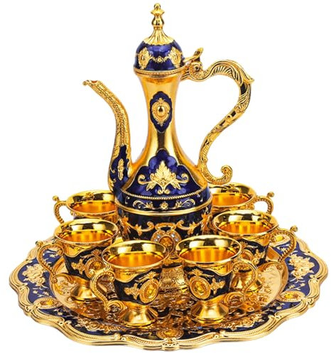 Set da tè turco vintage squisito dorato con vassoio e 6 tazze per feste a casa