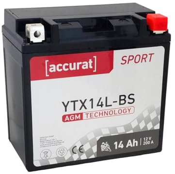 Accurat Motorradbatterie YTX14L-BS - 12V, 14Ah, 200A, rüttelfest, wartungsfrei - Starterbatterie, AGM Batterie in Erstausrüsterqualität für Rasentraktor, Roller, Motorrad, Quad