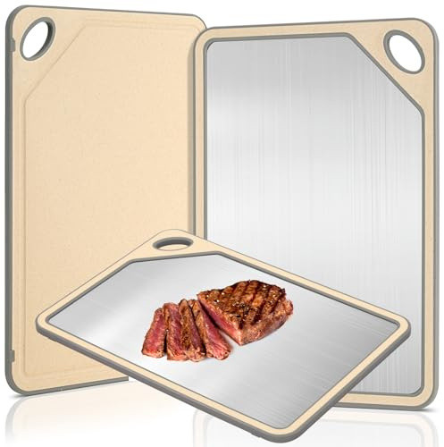 VINATO Tagliere Doppia Faccia in Acciaio Inox e Fibra di Frumento, 40X28cm Antiscivolo, Facile da Pulire, Tagliere Professionale per Cucina, con Foro per Appendere, Beige