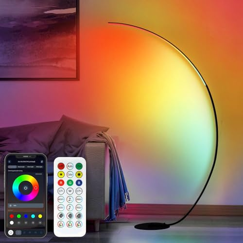 POWROL RGB Bogenlampe LED stehlampen Dimmbar Mehreren Farbmodi 1/2/4Stunden Timer Memory stehleuchte die zur Musik Schwingt mit App Fußschalter Stehlampe Wohnzimmer Spielzimmer Disco