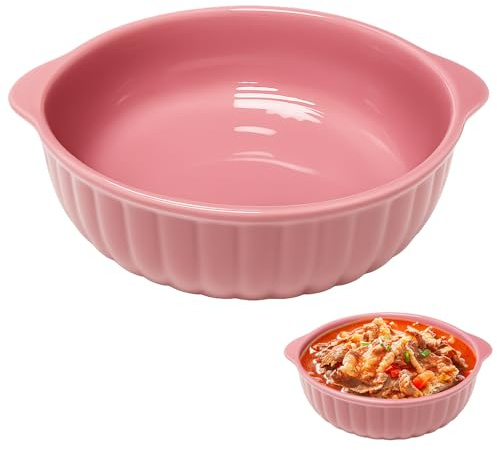 Round Casserole Dish Ceramic, Lasagne Casserole Dish for Hot Air Fryer, 19 x 16.5 x 5.5 cm, Lasagne Mould, Casserole Dish, Smooth Glaze Baking Mould, Round, for Lasagne, French Fries, Soup (Light Pink
