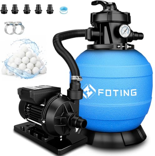 FOTING Sandfilteranlage Pool 11.500 L/h mit 24-Stunden Timer | Filteranlage 7-Wege-Ventil mit Druckanzeige & 2in1 Adapter Ø32mm-38mm | 400W Poolfilteranlage inkl. 200g Filterbälle