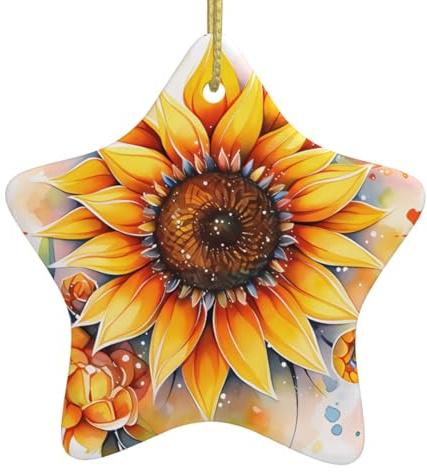 HYTTER Gelbe Sonnenblume im Ölbild Weihnachten Keramik Stern Anhänger Ornament einfach aufzuhängen, sehr geeignet zum Dekorieren von Weihnachtsbäumen