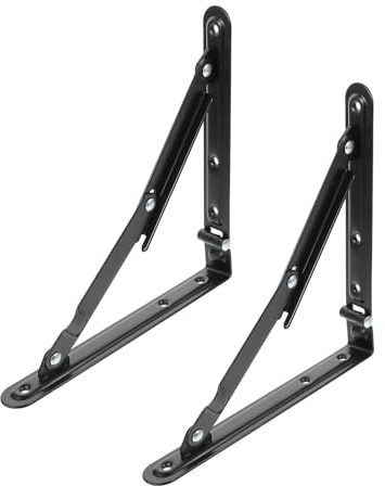 WOONEKY Folding Wall Bracket Hinges 2Pcs Black Iron Heavy Duty Shelf Supports for Garage Kitchen Workshop DIY Storage Racks