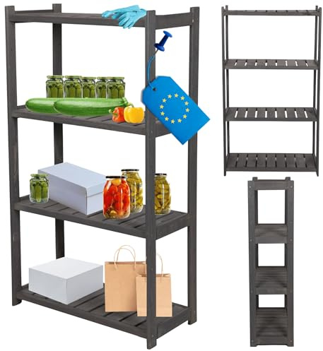 MODO24 Holzregal 124,2x70x33cm mit 4 Fachböden, massives Kiefernholz Standregal, vielseitiges Allzweckregal Haushaltsregal & Vorratsregal für Keller Küche Speisekammer Büro, Ordnungssystem, Grau