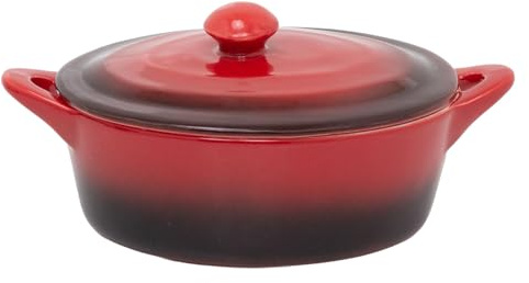 Small Red Stoneware Casserole Dish with Lid, 600ml Red Ombre Oval Oven Dish Baking Dish with Double Handles