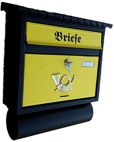 Großer Briefkasten/Postkasten XXL Schwarz/Gelb Matt mit Zeitungsrolle Zeitungsfach Flachdach Zeitungsrohr Bicolor