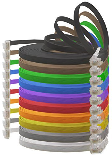 Cable de Red Plano Cat6 - 1 m, 10 Colores, 10 Unidades - Cable de Conexión Cat 6, 1000 Mbit/s, Gigabit LAN (RJ45), Slim Micro