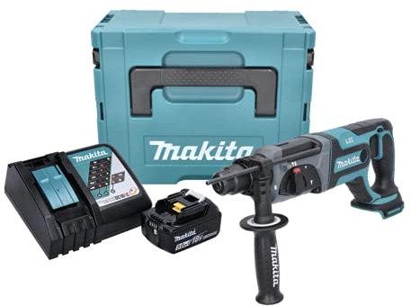 Makita DHR 241 RT1J Akku Bohrhammer 18V Li-Ion mit SDS-Plus Aufnahme im Makpac + 1x BL 1850 B 5,0 Ah Akku + DC 18 RC Schnellladegerät