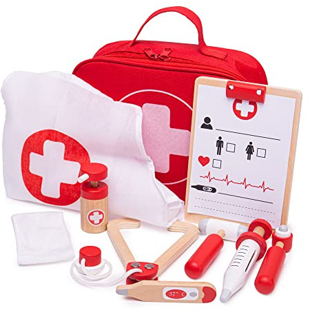 Bigjigs Toys Doctors Set for Kids - 10 Piece Wooden Doctors Set | Kids Stethoscope, Thermometer, Medicine & more in Colourful Doctors Case - Ideal for Pretend Play & Role Play