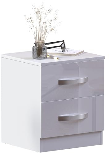 Vida Designs High Gloss Bedside Cabinet White, 2 Drawer With Metal Handles and Runners, Unique Anti-Bowing Drawer Support, Bedroom Furniture