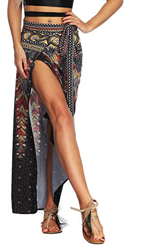 Nuofengkudu Damen Lange Hippie Rocke Luftige Boho Thai Muster Binden Taille Elegante Zigeuner Maxi Röcke Skirts Schwarz Pfau