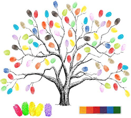 mengger Fingerabdruck Bild Hochzeit, Fingerabdruck Leinwand Hochzeit Personalisiert Fingerabdruck Baum Leinwand Hochzeit für Jahrestag Geburtstag Signature mit 6 Farben Tinte