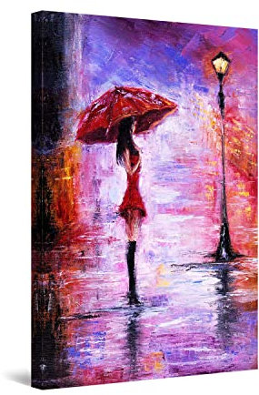 Startonight Bilder Lila Regnerischen Tag, Frau und Roten Regenschirm, Leinwandbilder Moderne Kunst - Abstrakte Wanddeko Kunstdrucke, Wandbilder Schlafzimmer 60 x 90 cm, Tag Nacht Effekt, Elegante